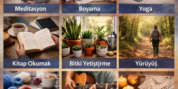 Stresi azaltan hobileri gösteren kolaj görseli: meditasyon, boyama, yoga, kitap okuma, bitki yetiştirme, yürüyüş, el sanatları, müzik ve puzzle aktiviteleri